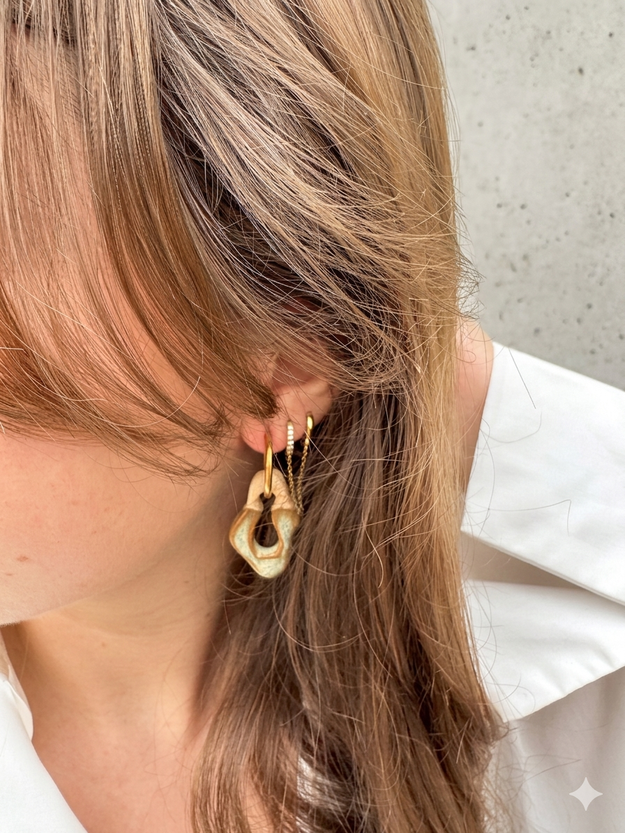 Handmade ceramic hoop earrings in grey green glaze worn by a model against a whitewashed Portuguese wall in warm golden light — Mosca collection by Jadeo Studio Lisbon