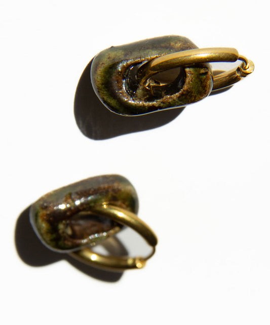 Azoia handmade ceramic earrings in Dark Green, glossy glaze — subtle small hoop, everyday elegance, made in Lisbon Portugal by Jadeo Studio
