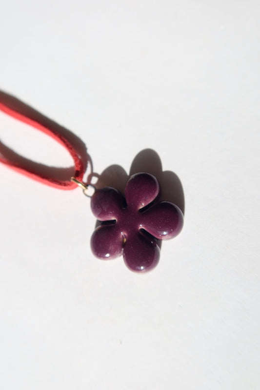 Bloom handmade ceramic flower necklace in Aubergine — inspired by Lisbon in spring, hand-sculpted, made in Portugal by Jadeo Studio, summer jewelry