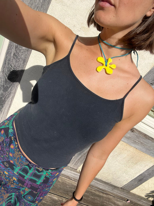 Bloom handmade ceramic necklace in Yellow Sunshine worn — inspired by Lisbon in spring, hand-sculpted, made in Portugal by Jadeo Studio, summer jewelry