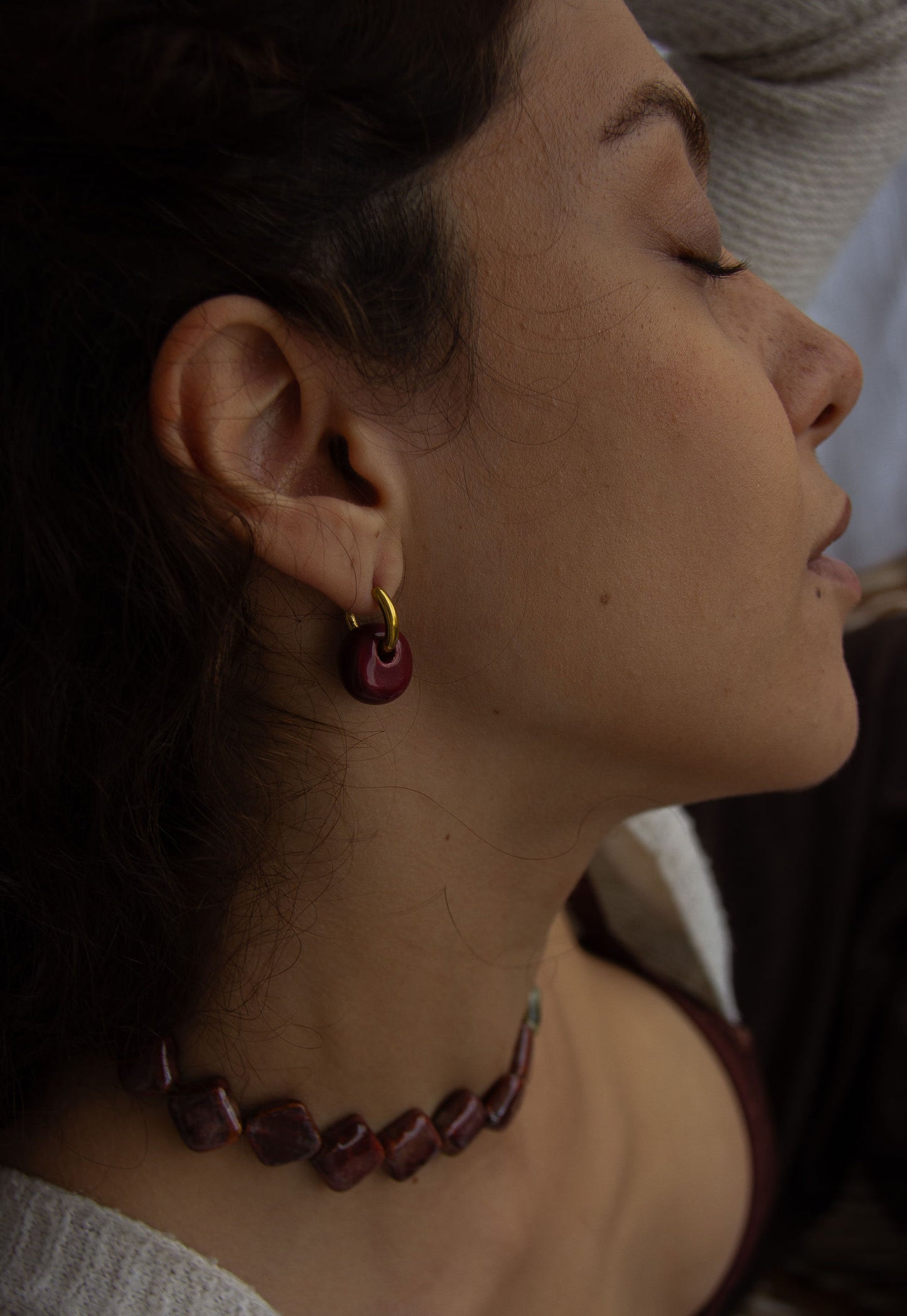 Gomes handmade ceramic earrings in Cherry — rounded circular form, bold yet discreet, unique jewlery made in Lisbon Portugal by Jadeo Studio