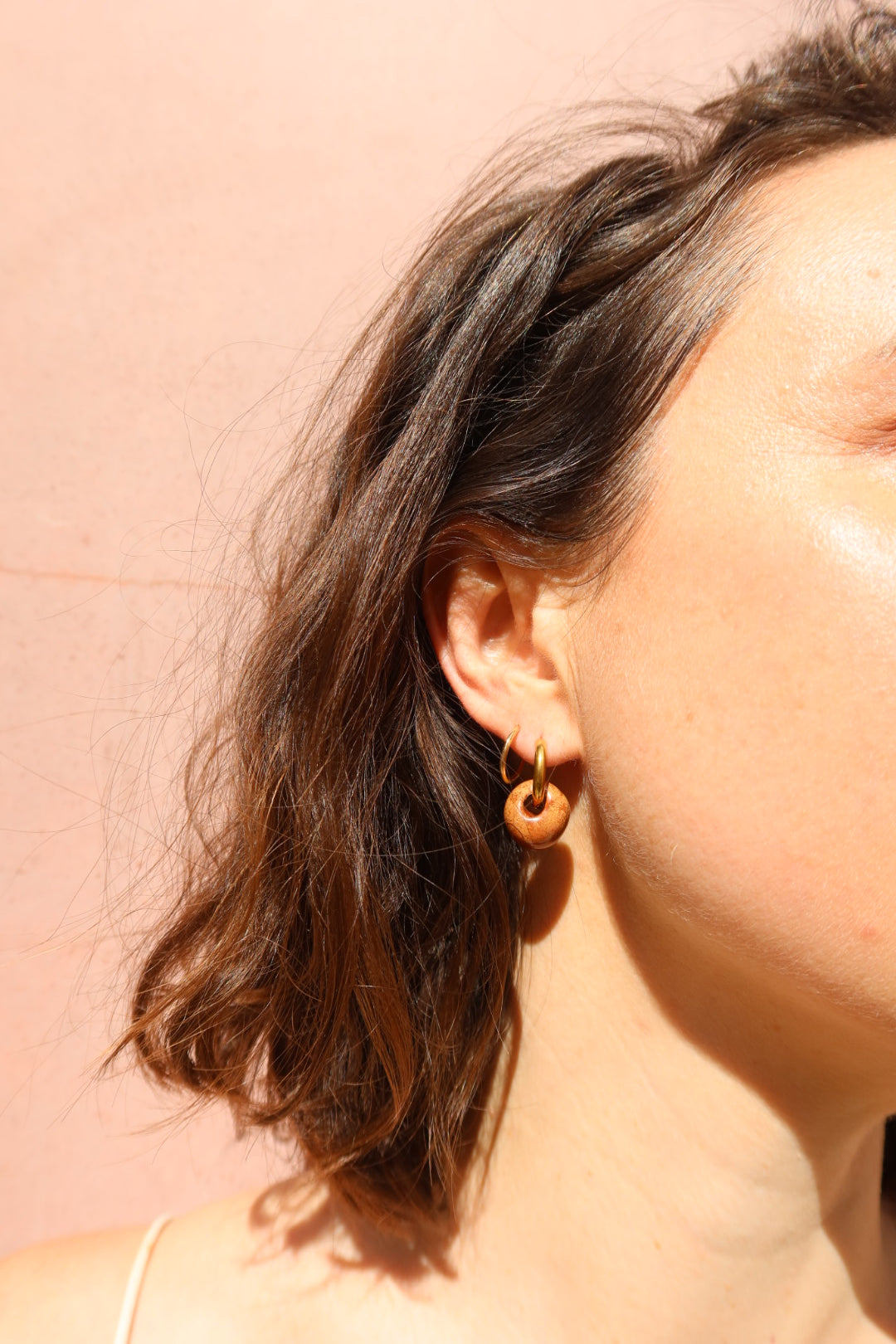 Gomes handmade ceramic earrings in Sparkling Brown — rounded circular form, bold yet discreet, made in Lisbon Portugal by Jadeo Studio, silver and gold hoop