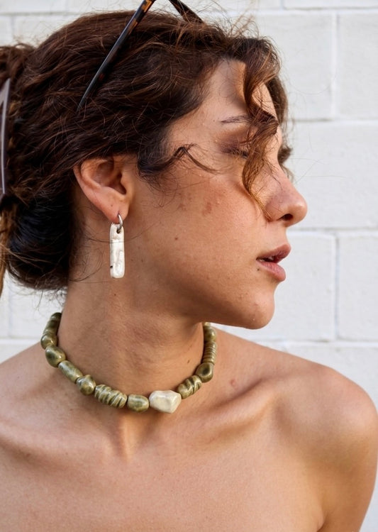 Limo handmade ceramic bead necklace worn — Maré Collection, one of a kind, made in Lisbon by Jadeo Studio