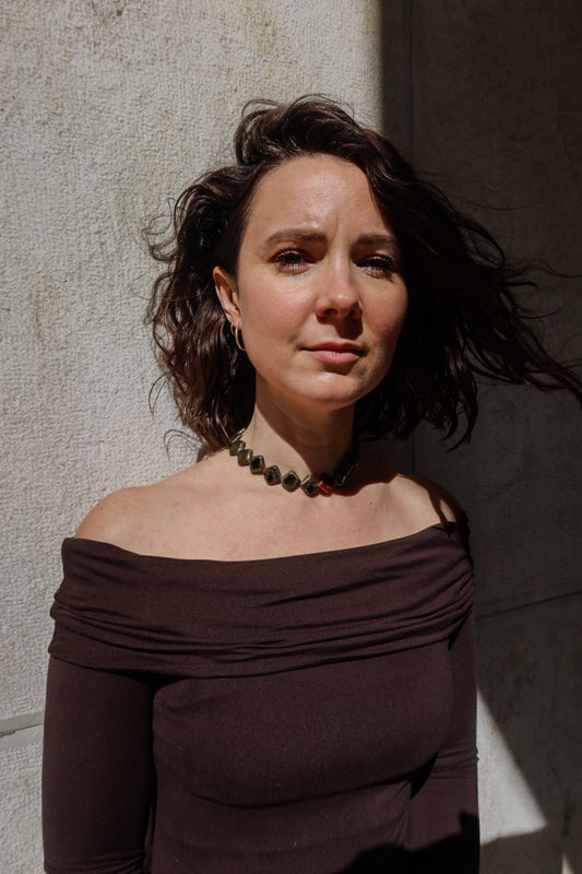 Monti handmade ceramic choker necklace in Dark Green and Burgundy — sculptural beads inspired by Roman architecture, made in Lisbon Portugal by Jadeo Studio, azulejos inspired