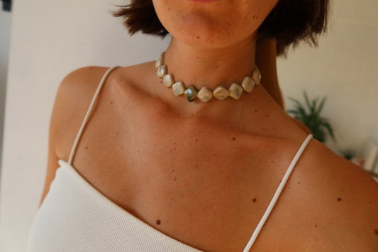 Monti ceramic bead necklace worn as bridal jewelry — Jadeo Studio Lisbon