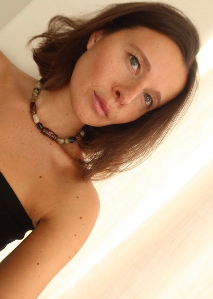 Achado handmade ceramic bead necklace worn — Maré Collection, one of a kind, made in Lisbon by Jadeo Studio