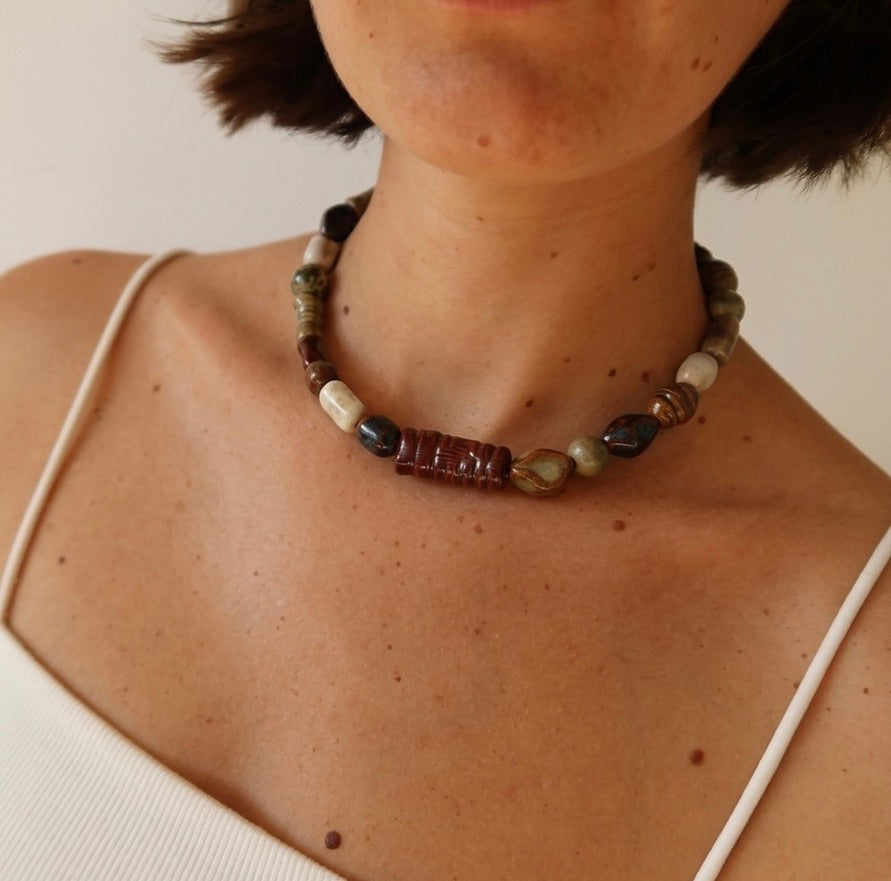 Achado handmade ceramic bead necklace worn — Maré Collection, one of a kind, made in Portugal by Jadeo Studio