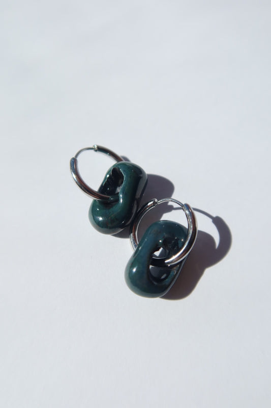 Azoia handmade ceramic earrings in Blue Green — subtle small hoop, everyday elegance, made in Lisbon Portugal by Jadeo Studio