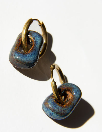Azoia handmade ceramic earrings in Blue Jeans, glossy glaze — subtle small hoop, everyday elegance, made in Lisbon Portugal by Jadeo Studio