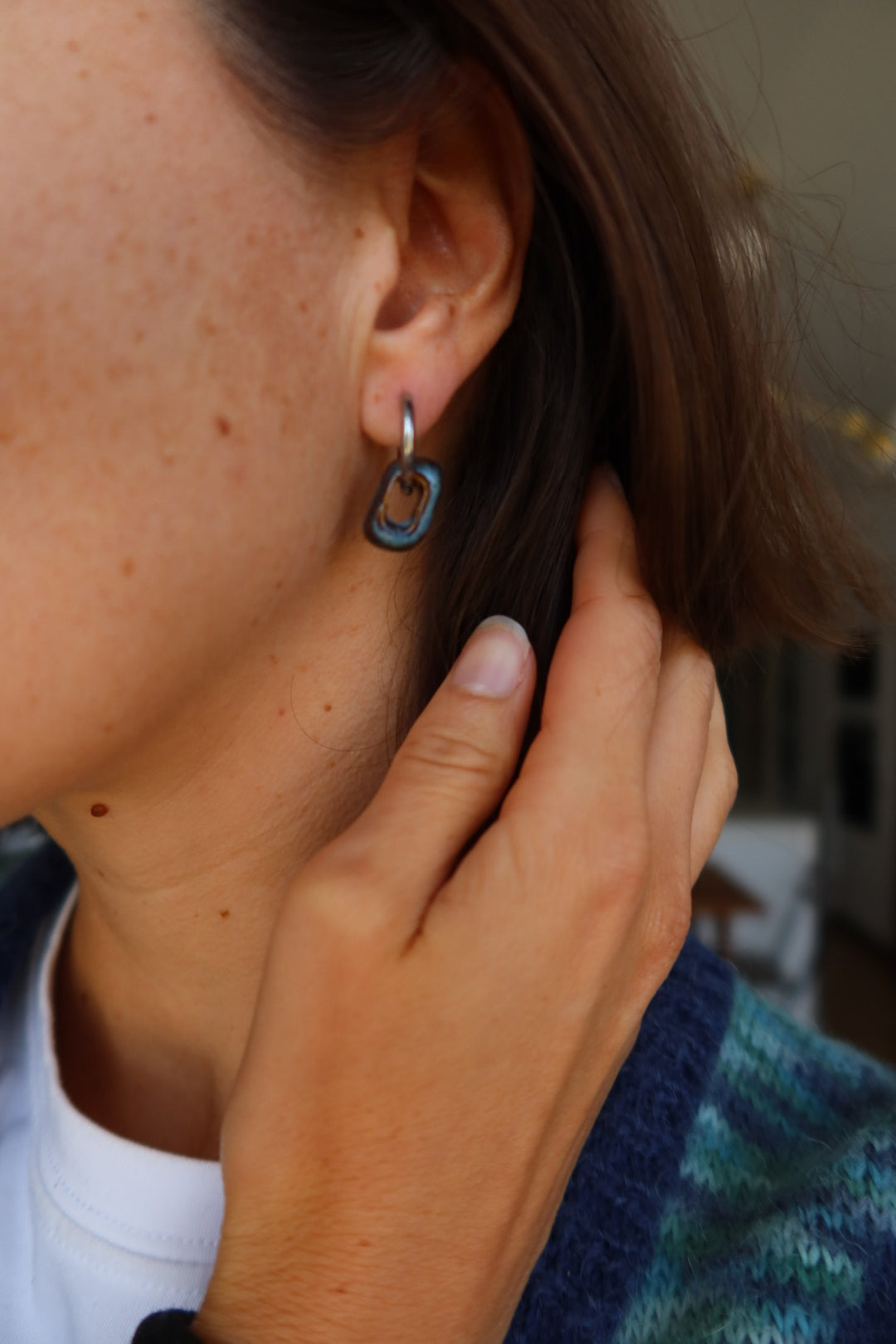 Azoia handmade ceramic earrings in Blue Jeans — inspired by Lisbon, hand-sculpted, made in Portugal by Jadeo Studio, summer jewelry