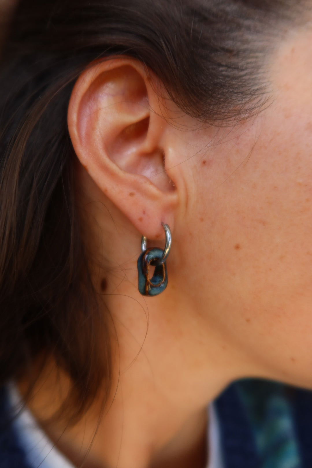 Azoia handmade ceramic earrings in Blue Jeans worn — inspired by Lisbon, hand-sculpted, made in Portugal by Jadeo Studio