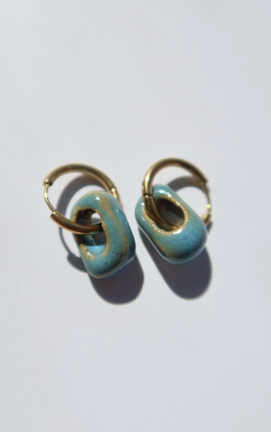 Azoia handmade ceramic earrings in Blue Sky — subtle small hoop, everyday elegance, made in Lisbon Portugal by Jadeo Studio