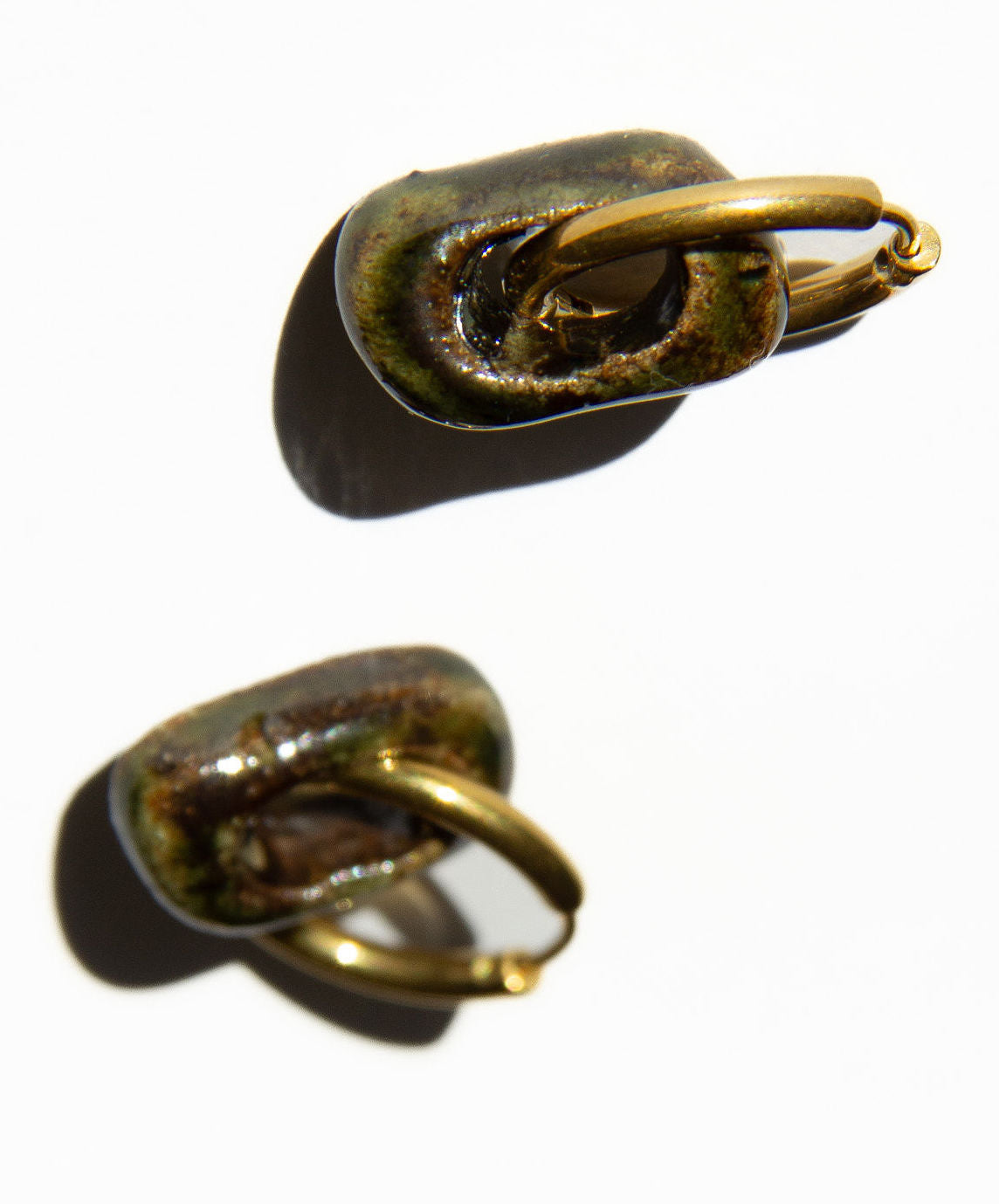 Azoia handmade ceramic earrings in Dark Green, glossy glaze — subtle small hoop, everyday elegance, made in Lisbon Portugal by Jadeo Studio