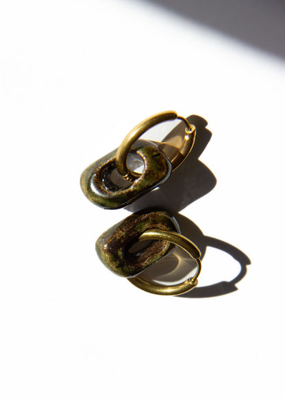 Azoia handmade ceramic earrings in Dark Green — subtle small hoop, everyday elegance, made in Lisbon Portugal by Jadeo Studio