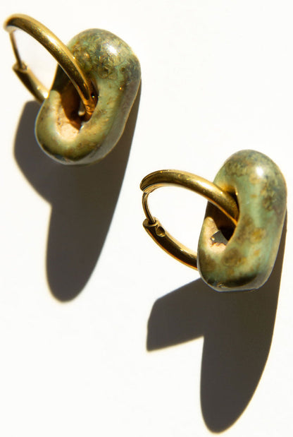 Azoia handmade ceramic earrings in Light Green, glossy glaze — subtle small hoop, everyday elegance, made in Lisbon Portugal by Jadeo Studio