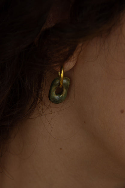 Azoia handmade ceramic earrings in Light Green — subtle small hoop, everyday elegance, made in Lisbon Portugal by Jadeo Studio, silver and gold hoop