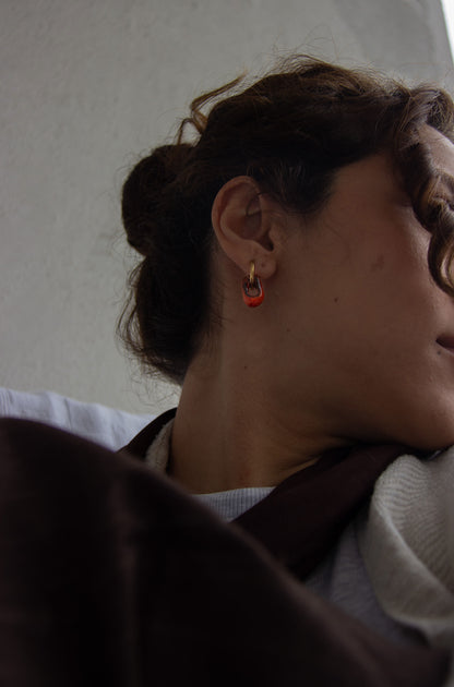 Azoia handmade ceramic earrings in Volcano on Dark Clay, glossy glaze — subtle small hoop, everyday elegance, made in Lisbon Portugal by Jadeo Studio