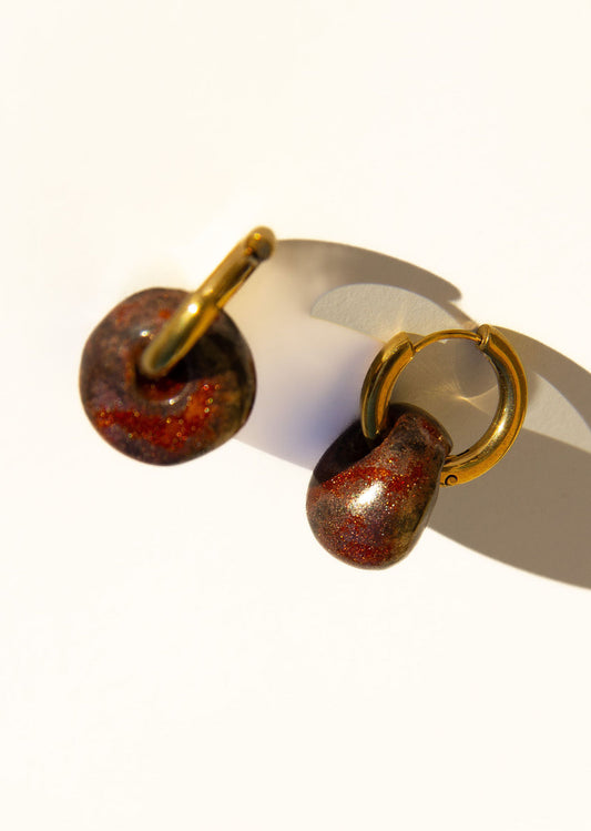 Gomes handmade ceramic earrings in Bark glossy glaze — rounded circular form, bold yet discreet, made in Lisbon Portugal by Jadeo Studio
