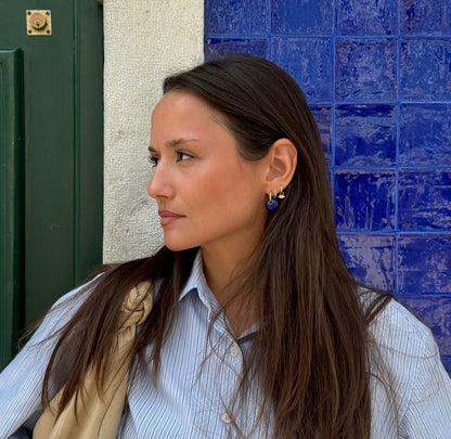 Gomes handmade ceramic earrings in Blue Navy — rounded circular form, bold yet discreet, made in Lisbon Portugal by Jadeo Studio, Lisbon lifestyle