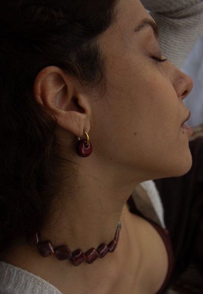 Gomes handmade ceramic earrings in Cherry — rounded circular form, bold yet discreet, unique jewlery made in Lisbon Portugal by Jadeo Studio
