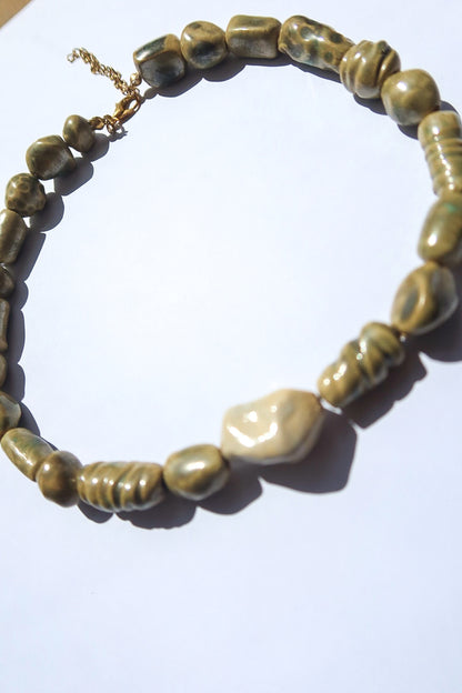 Limo ceramic bead necklace detail — handmade beads in olive green, Maré Collection, made in Portugal by Jadeo Studio