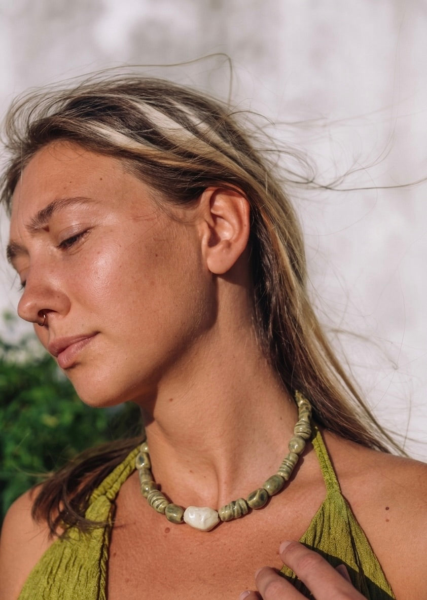 Limo handmade ceramic bead necklace worn lifestyle — Maré Collection, one of a kind, made in Lisbon by Jadeo Studio