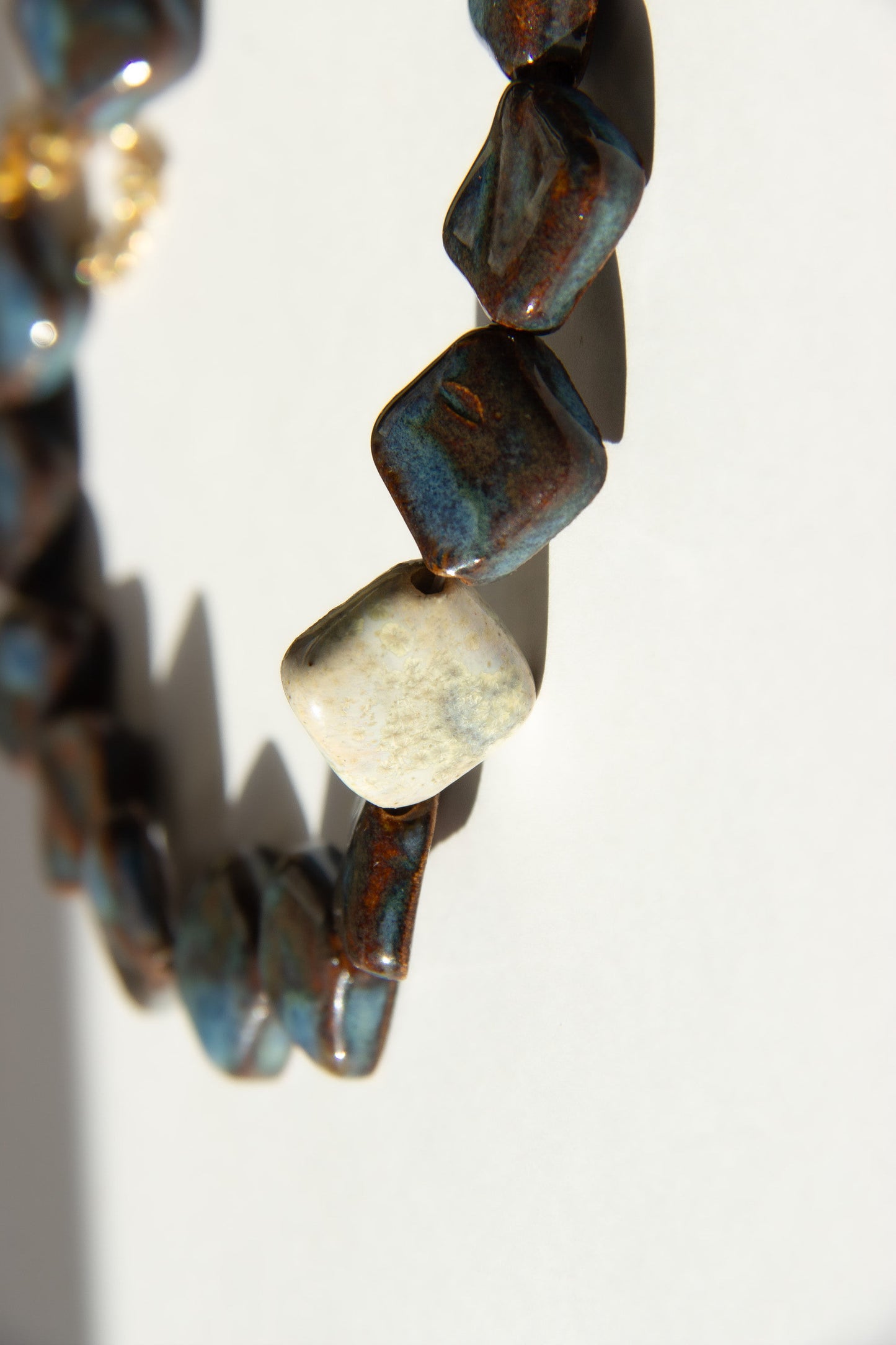 Monti handmade ceramic choker necklace in Blue Jeans and White — sculptural beads inspired by Roman architecture, made in Lisbon Portugal by Jadeo Studio, azulejos inspired