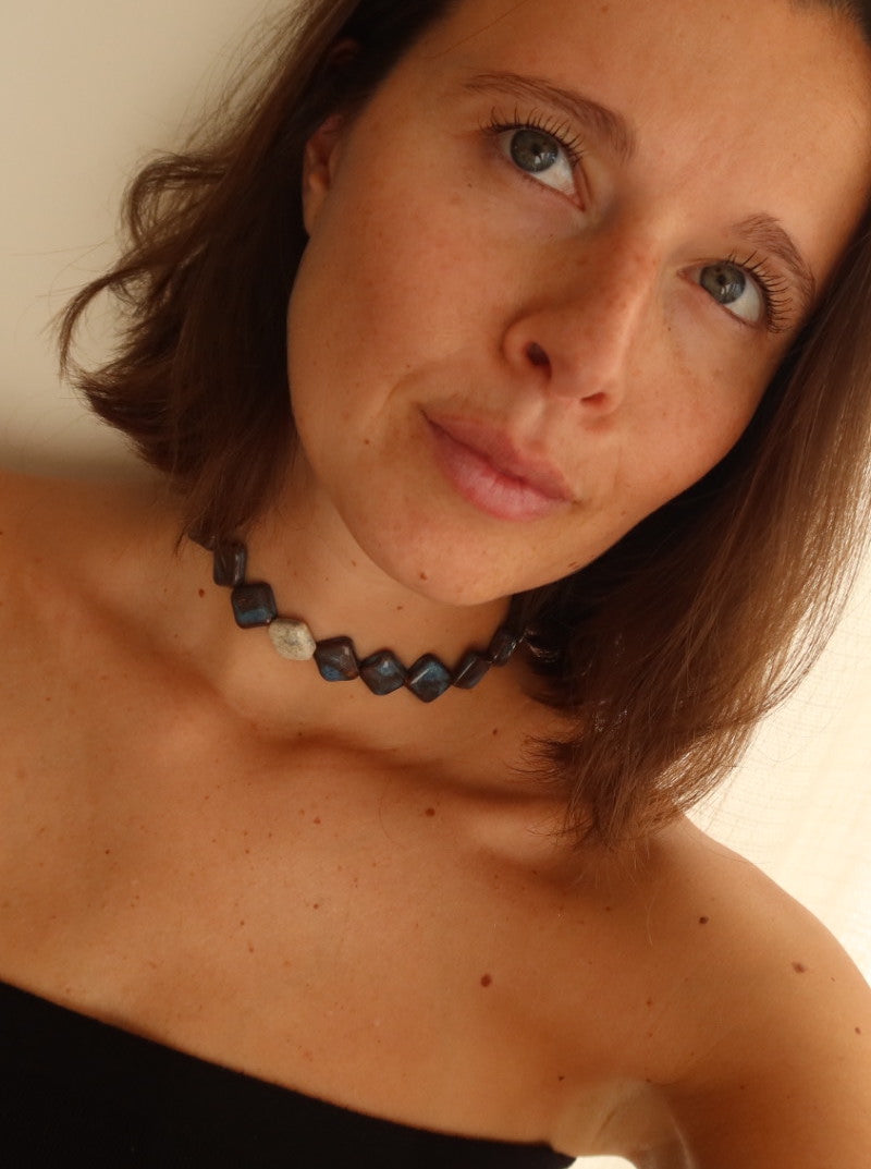 Monti handmade ceramic choker necklace in Blue Jeans and White — sculptural beads inspired by Roman architecture, statement jewelry made in Lisbon Portugal by Jadeo Studio