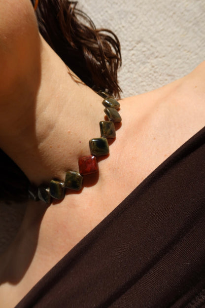 Monti handmade ceramic choker necklace in Dark Green and Burgundy, glossy glaze — sculptural beads inspired by Roman architecture, made in Lisbon Portugal by Jadeo Studio