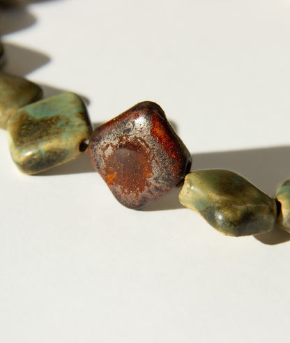 Monti handmade ceramic choker necklace in Light Green and Bark — sculptural beads inspired by Roman architecture, made in Lisbon Portugal by Jadeo Studio, Lisbon azulejos inspired