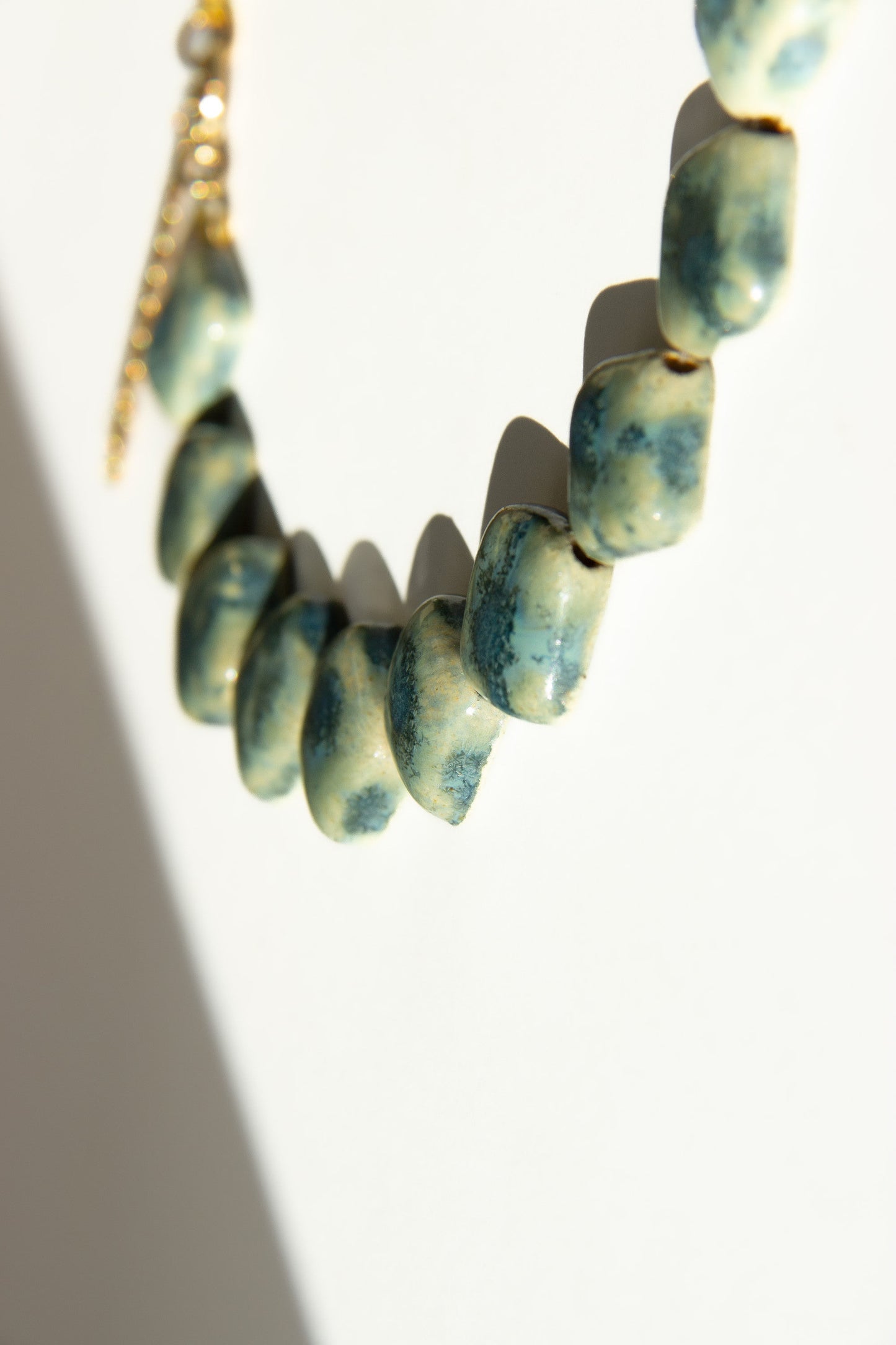 Monti handmade ceramic choker necklace in Sparkling Blue and White — sculptural beads inspired by Roman architecture, made in Lisbon Portugal by Jadeo Studio, azluejos inspired