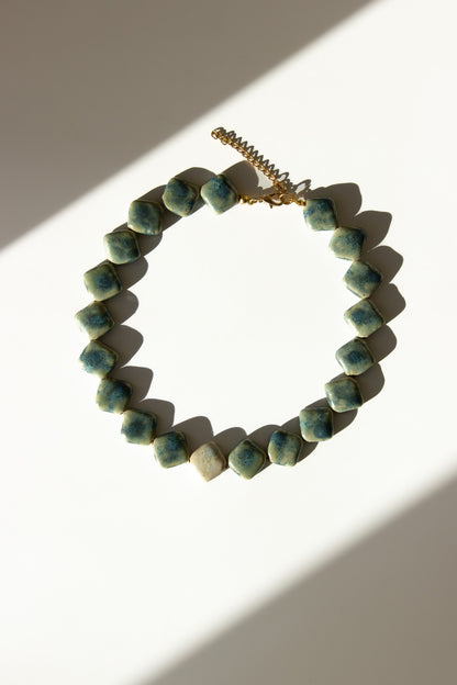 Monti handmade ceramic choker necklace in Sparkling Blue and White — sculptural beads inspired by Roman architecture, made in Lisbon Portugal by Jadeo Studio