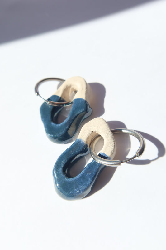 Mosca handmade ceramic earrings in Blue Green — organic sculpted clay with glossy glaze, made in Lisbon Portugal by Jadeo Studio