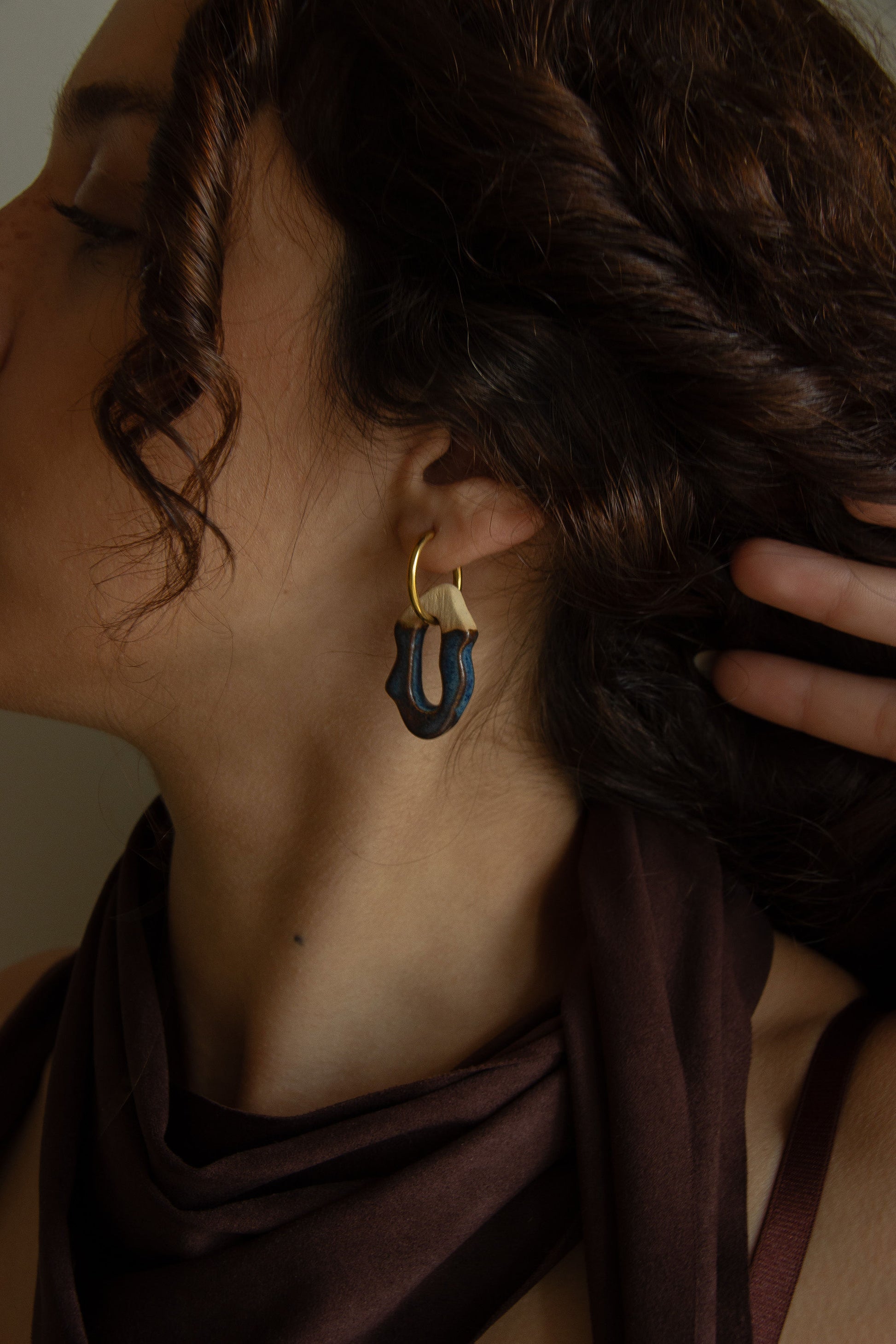 Mosca handmade ceramic earrings in Blue Jeans — organic sculpted clay with glossy glaze, unique jewelry made in Lisbon Portugal by Jadeo Studio