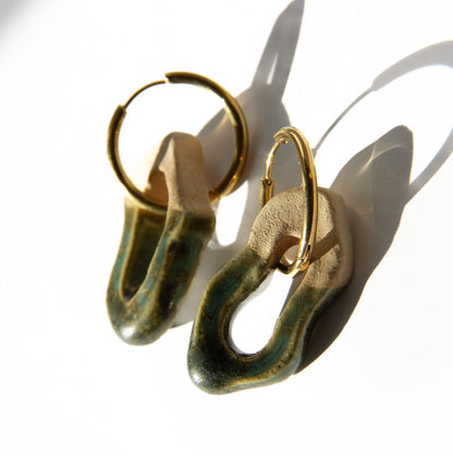 Mosca handmade ceramic earrings in Light Green — organic sculpted clay with glossy glaze, made in Lisbon Portugal by Jadeo Studio, silver and gold hoop