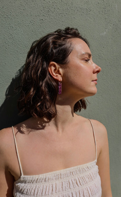 Penha handmade ceramic earrings in Aubergine — minimalist rectangular drop, sculpted clay, made in Lisbon Portugal by Jadeo Studio, wearable art